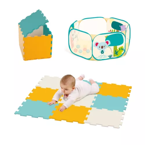 Play set contains 1 pop-up area with 40 multicoloured balls and 9 tiles to form a thick mat (insulation, comfort). A complete kit for setting up a safe ball pool quickly and easily! From 10 months.