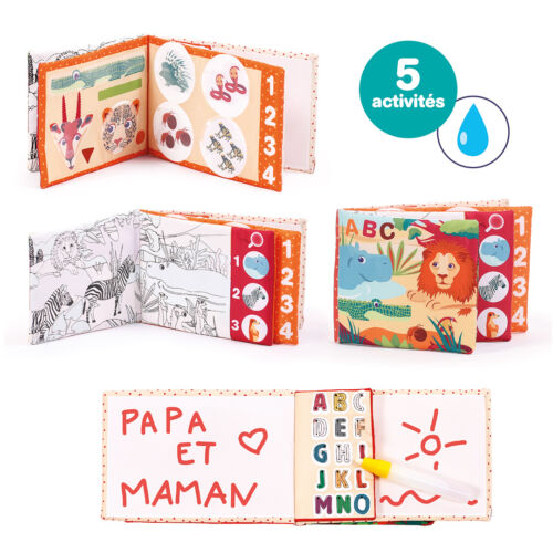 5 activités pour découvrir les animaux, les formes, les chiffres et les lettres. Effet magique : l’eau révèle les formes et les couleurs. Dim. L 21 x l 14 x h 3 cm. Dès 10 mois. 50101-LIVRE-MAGIQUE-
